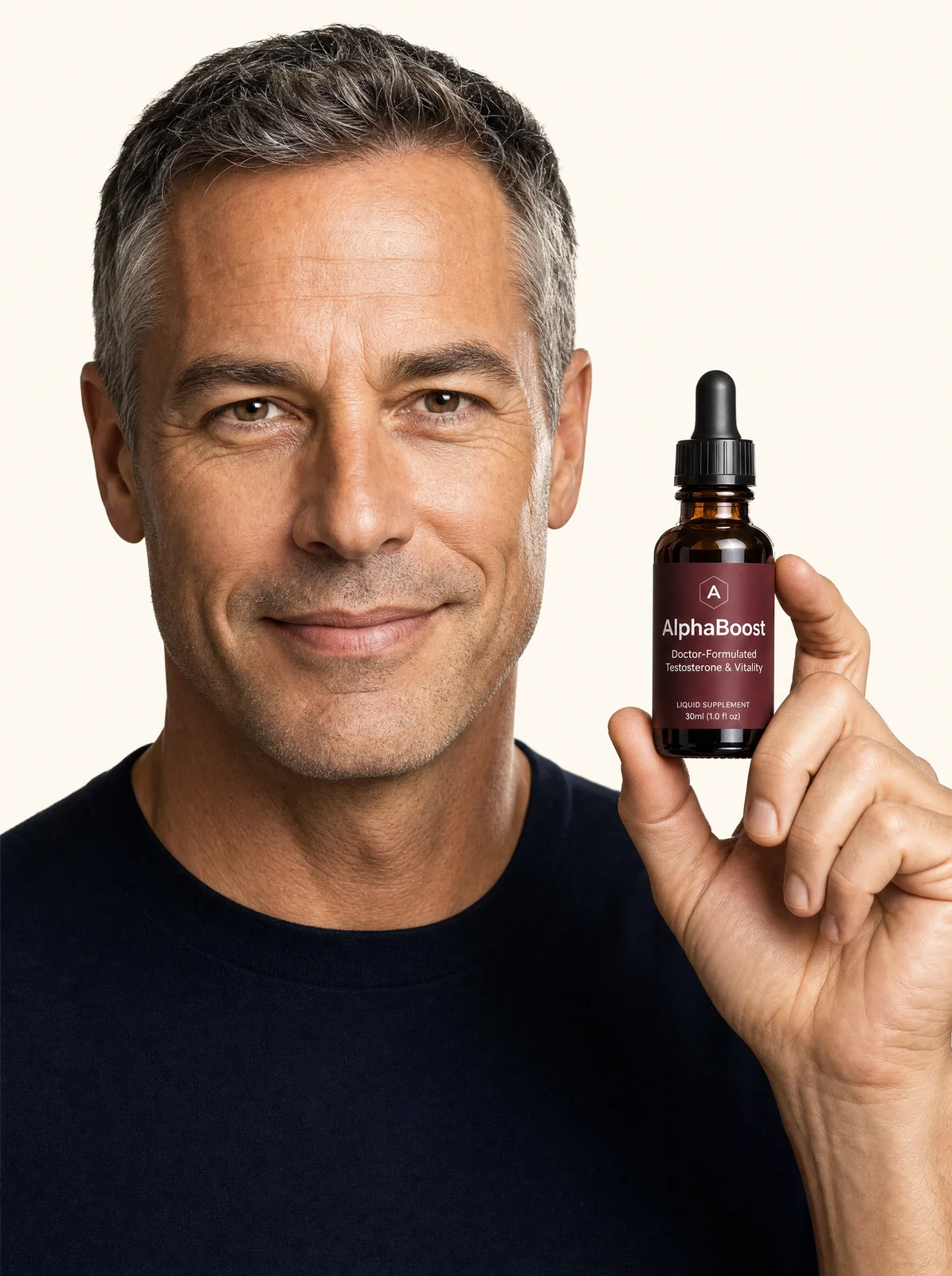 Man in his fifties holding a bottle of AlphaBoost